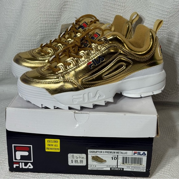 NIB FILA DISRUPTOR Gold Metallic Patent Leather‎ Sneakers - Size 10 - Picture 1 of 6